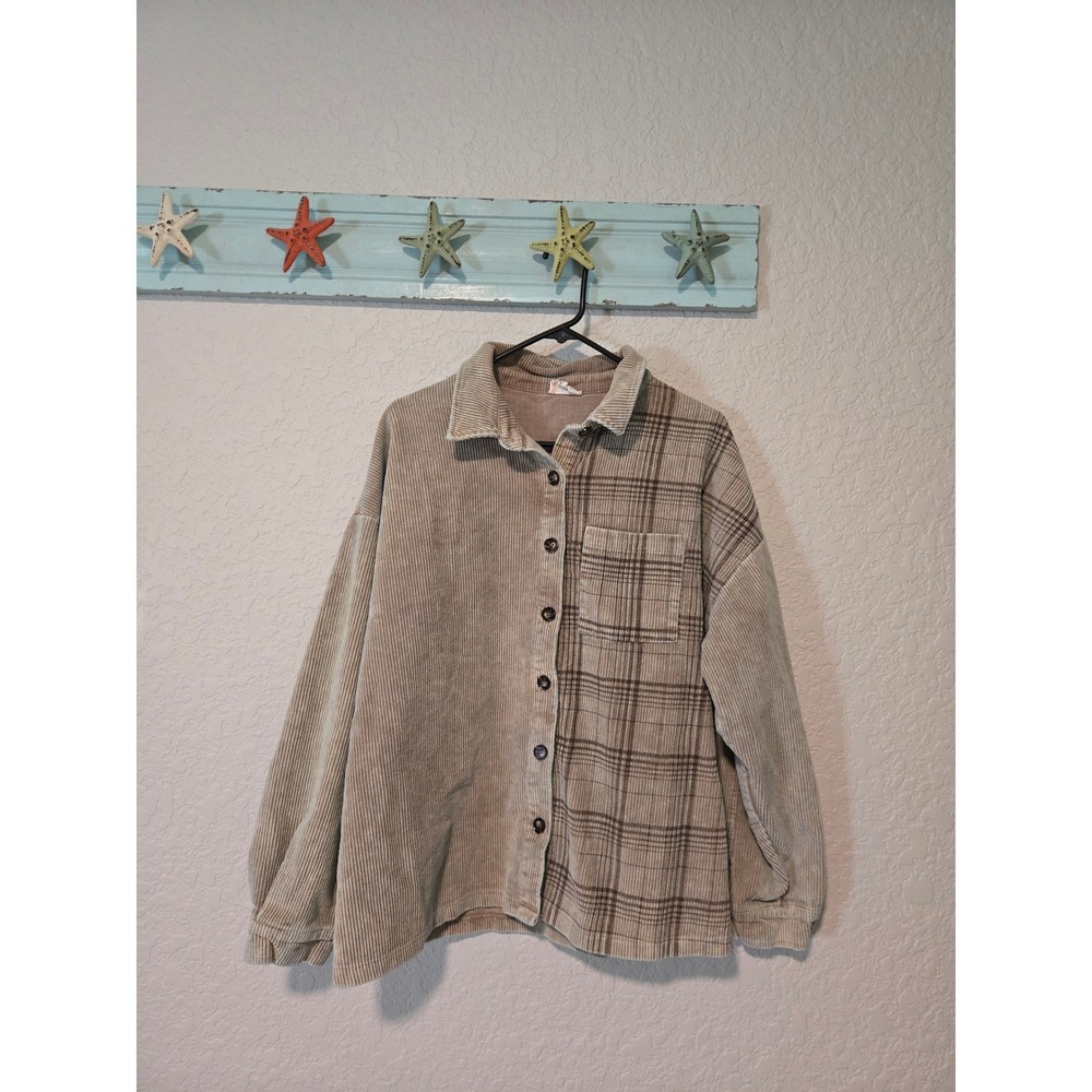 BIBI Corduroy Plaid Mixed Media Shacket Tan Brown XL IP6152G-03